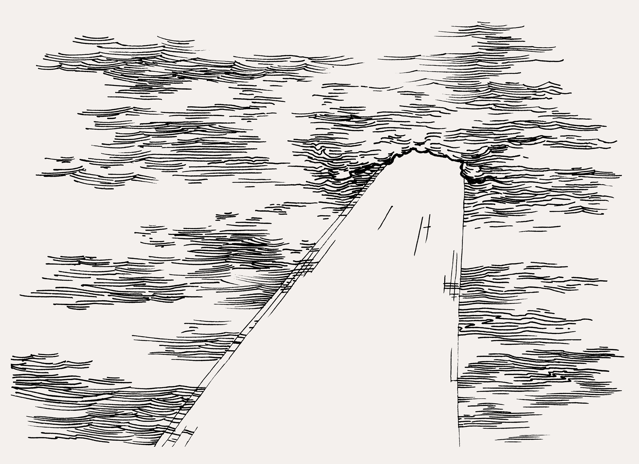 Engraved clouds with a beam of light breaking through.