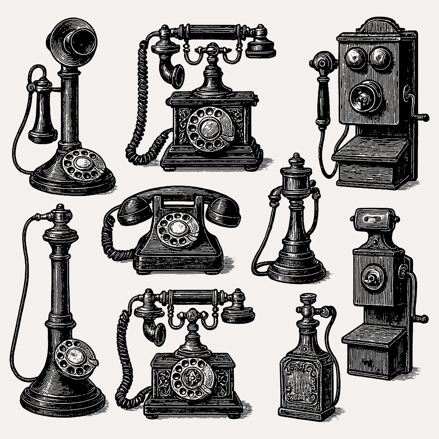 Grid of vintage telephones in engraving style.